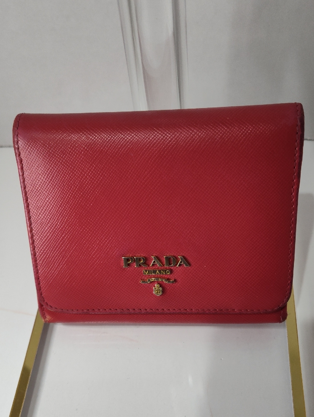 Prada Red Saffiano Compact Wallet with Gold Logo
